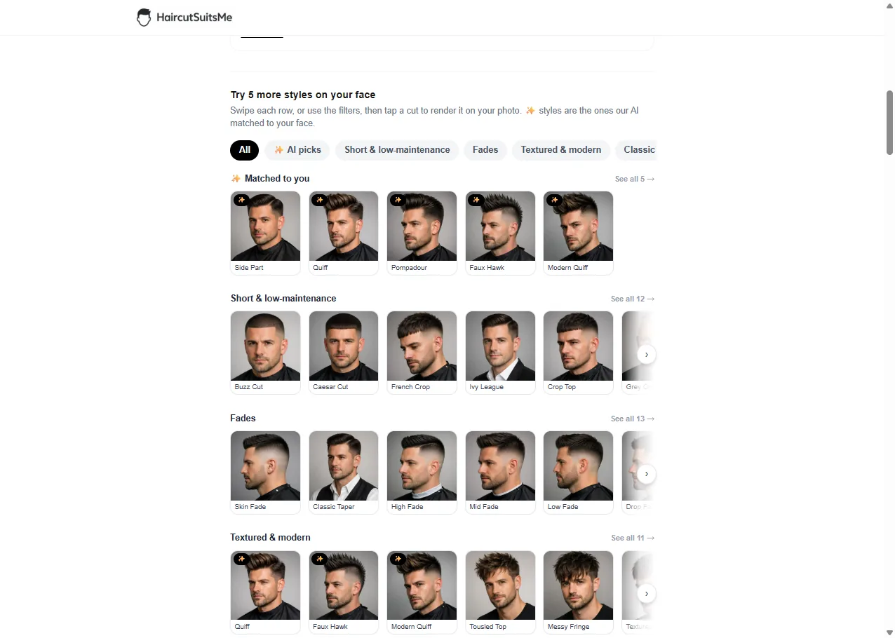 HaircutMatch · AI haircut results grid showing styles rendered on the user's actual face