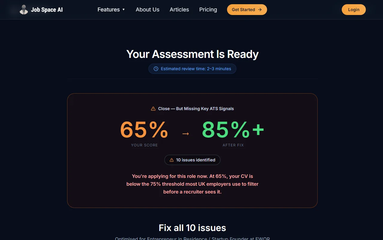 Job Space AI · ATS checker results showing 65% score with gap to 85%+ and specific issues