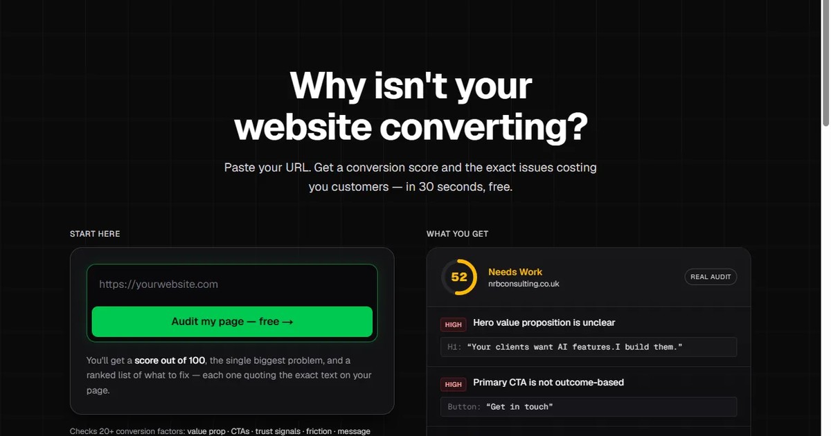 WhyNotConverting · AI landing page conversion audit tool