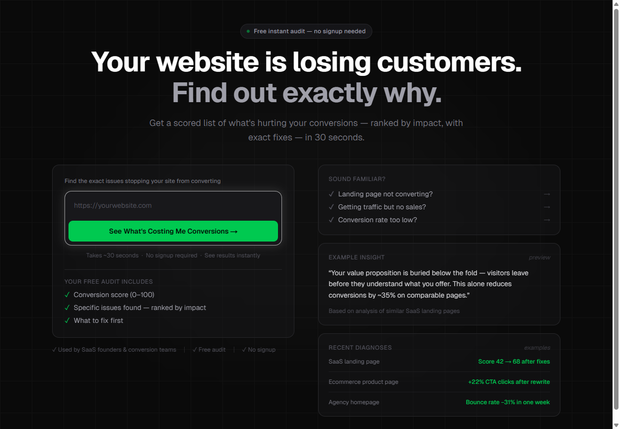 WhyNotConverting — landing page conversion audit tool